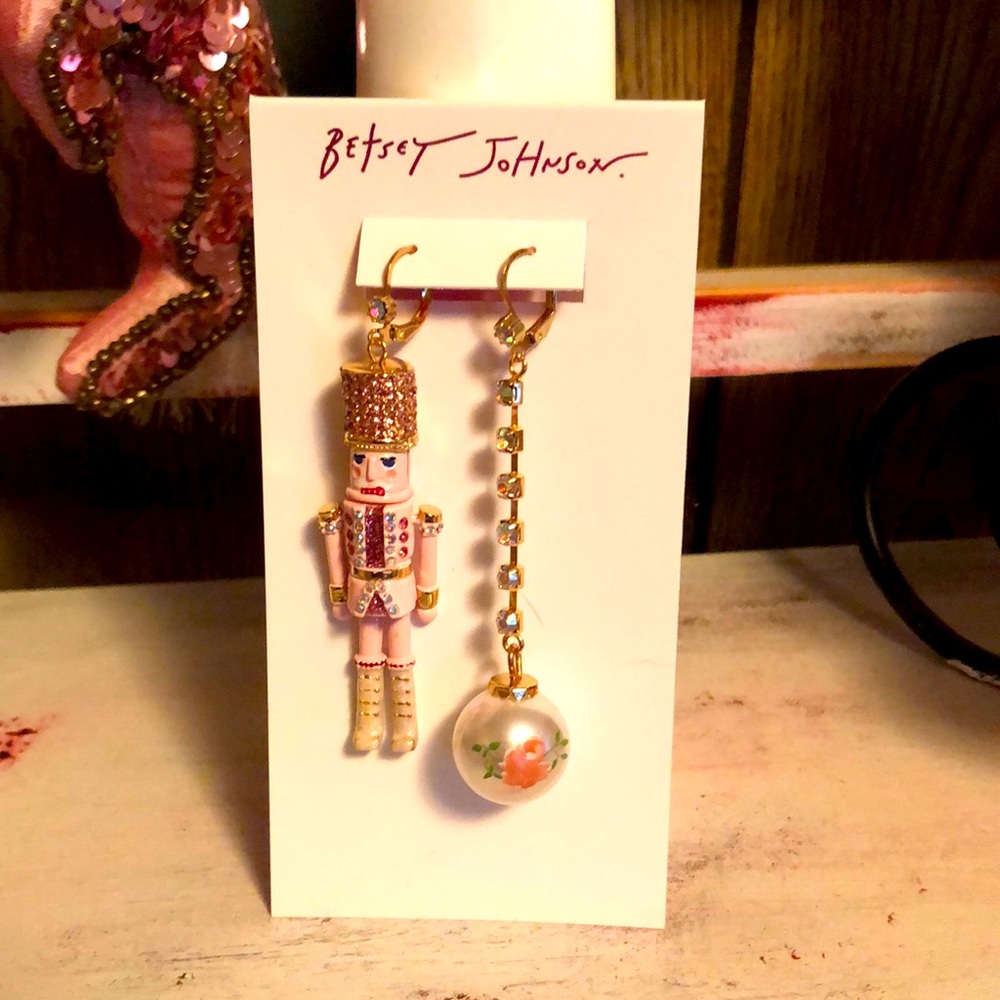 NWT Sparkly Rhinestone BETSEY JOHNSON Pink Nutcracker Jeweled  Holiday Earrings
